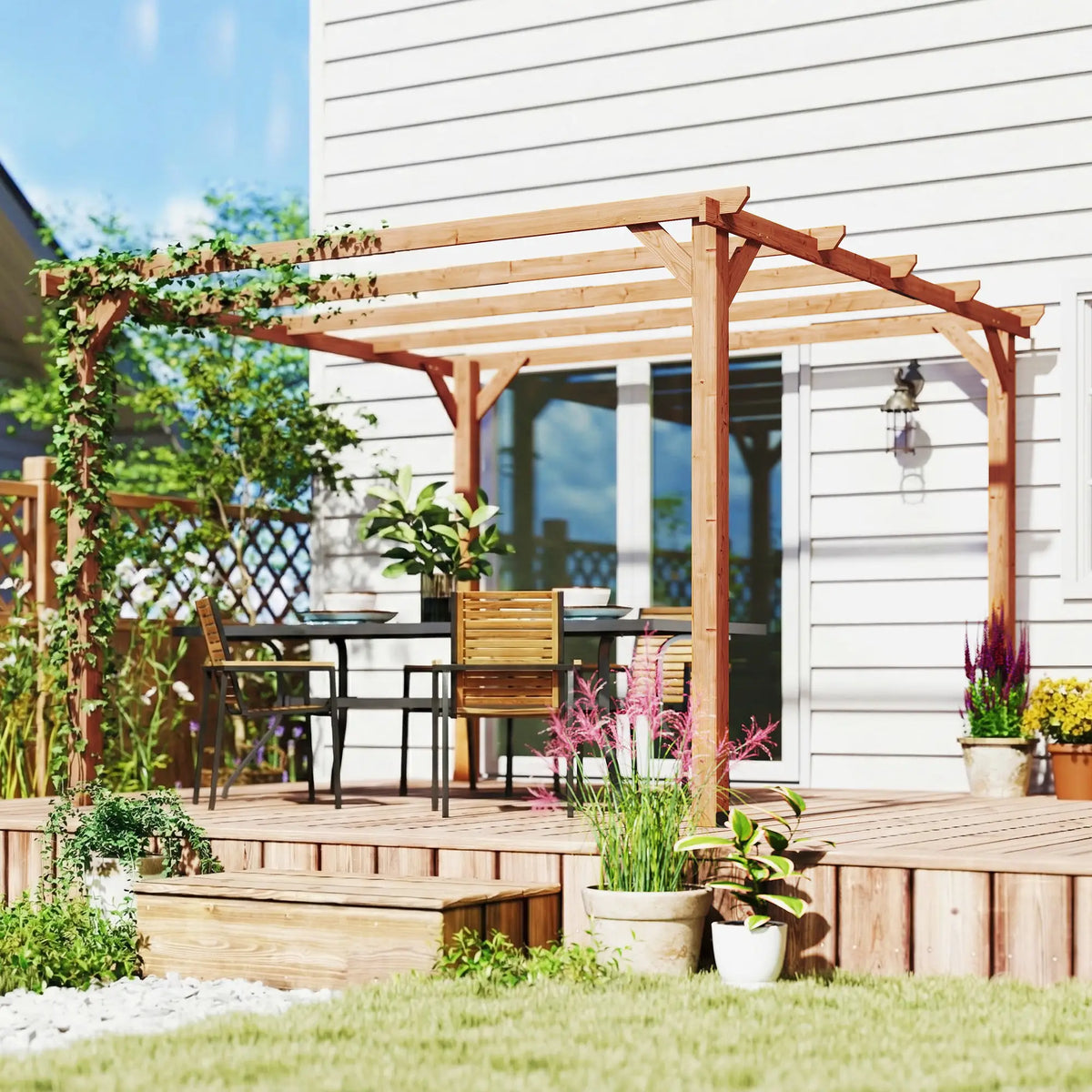 3x3m Wooden Pergola Kit with Triangle Supports – Garden Gazebo Grape Trellis Frame, 5 – Beam Maple Wood – Effect Design