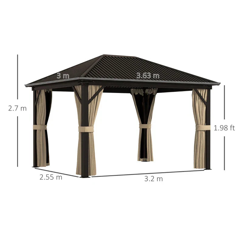 Brown 3.6m x 3m Aluminium Hardtop Gazebo - Durable Garden Shelter with Privacy Curtains