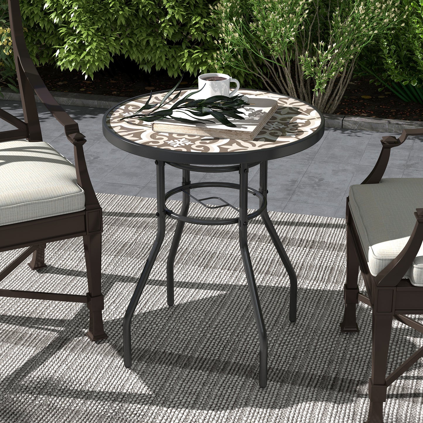 Marbella Φ60 Garden Table, with Glass Printed Tabletop - Brown