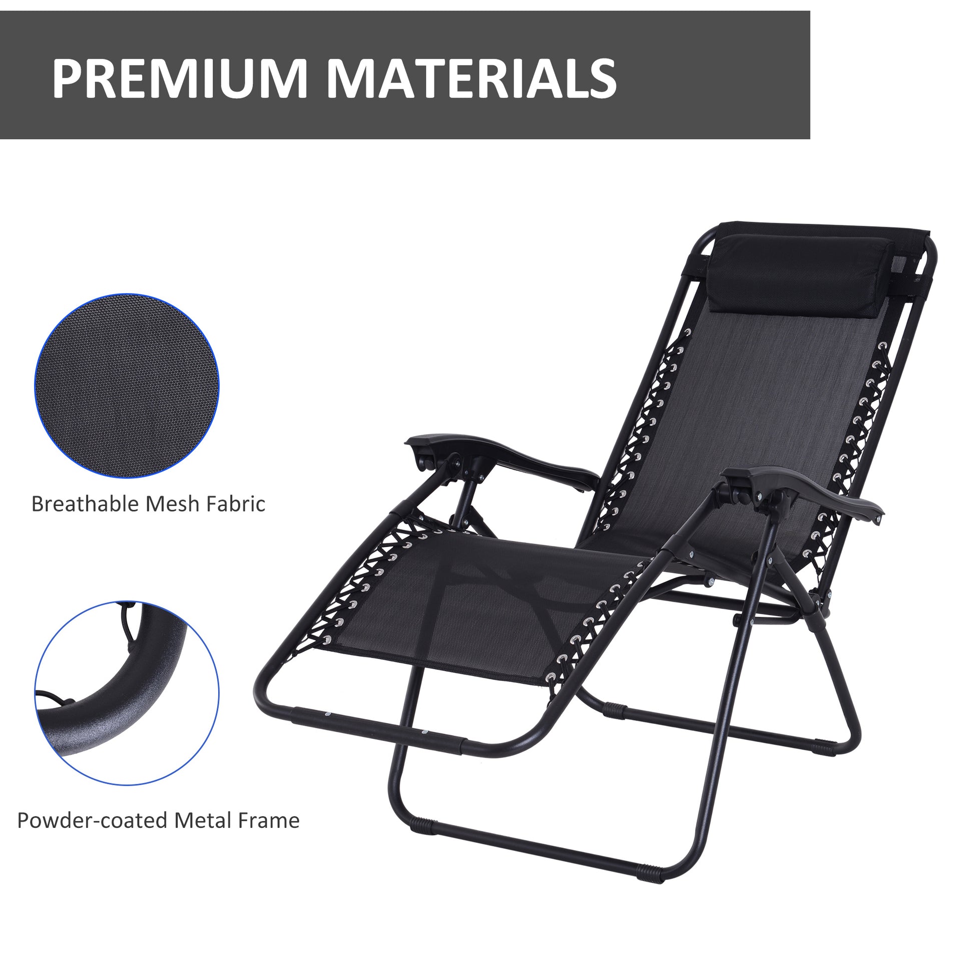 Outsunny Zero Gravity Chair Set of 2, Metal Frame Texteline Armchair Outdoor Folding and Reclining Sun Lounger with Head Pillow for Patio Decking Gardens Camping, Black