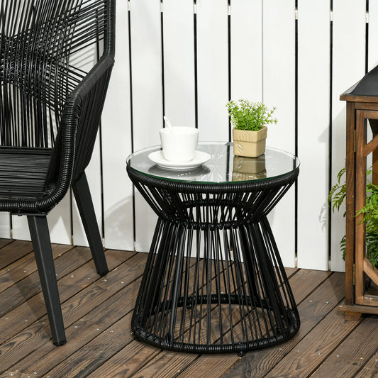 Portofino Round End Table, Rattan Side Table, Hollow Drum Design Coffee Table w/ Glass Tabletop Black