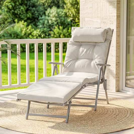 Sun Lounger Steel Frame Outdoor Folding Chaise Texteline Lounge Chair Recliner with Headrest & 7 Levels Adjustable Backrest, Cream White