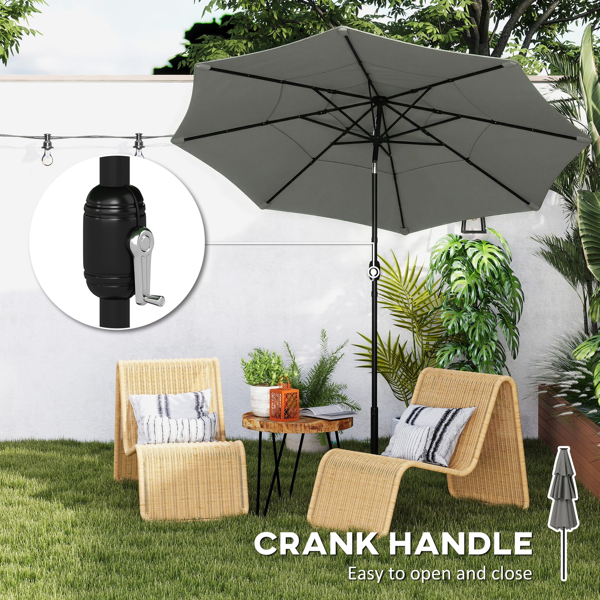 Outsunny Garden Parasol, Parasol Umbrella with 3-tier Roof, Crank Handle, Tilt Function, Polyester Canopy, Grey