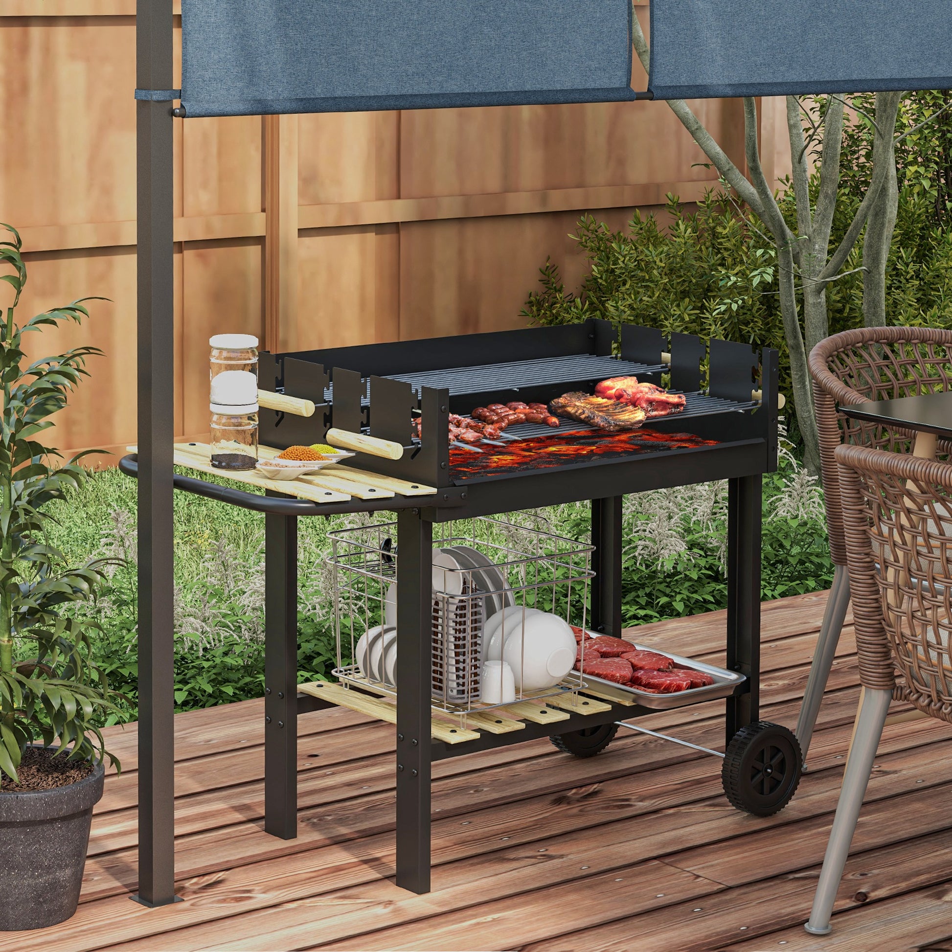 Charcoal BBQ, Barbecue Trolley with Double Adjustable Grill, Side Table
