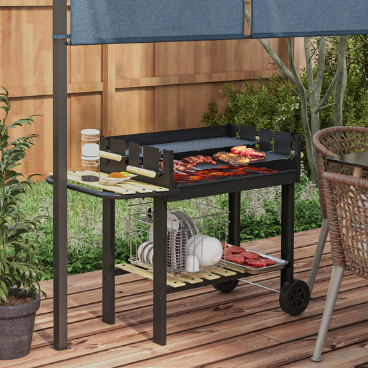 Charcoal BBQ, Barbecue Trolley with Double Adjustable Grill, Side Table