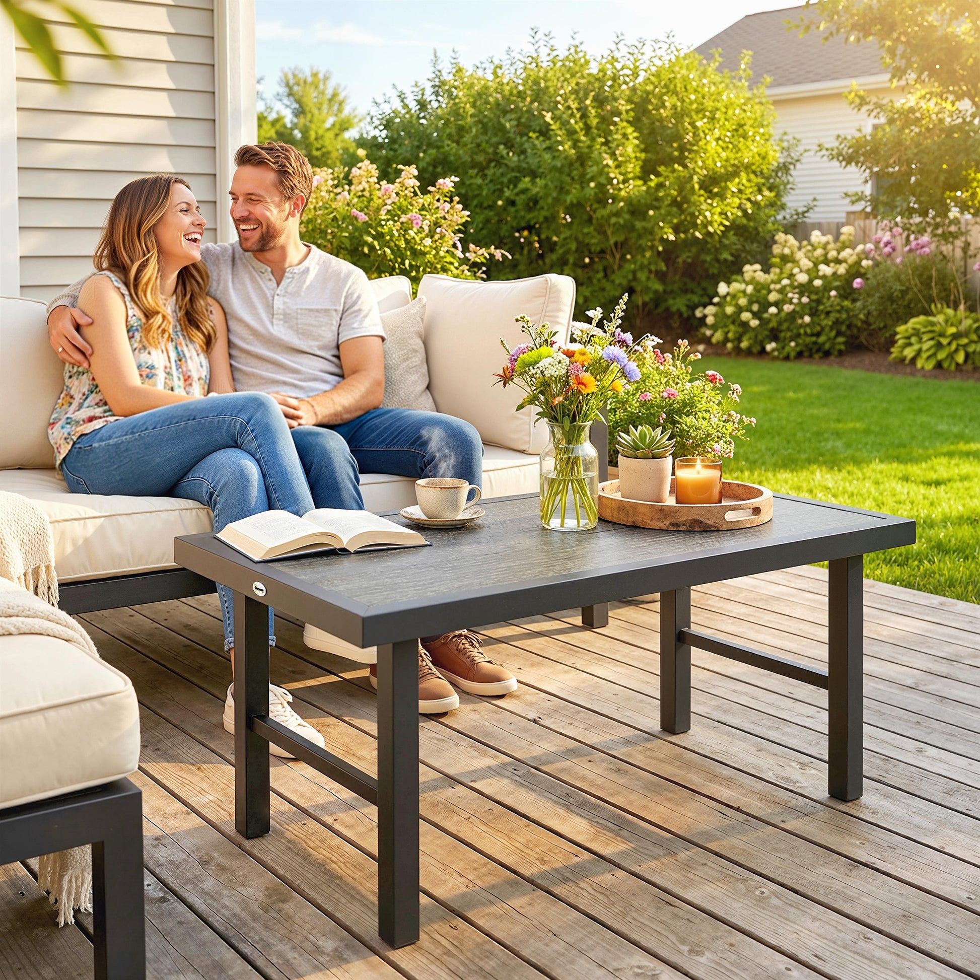 Tivoli Metal Garden Coffee Table, Outdoor Side Table with SPC Woodgrain Tabletop for Outside, 100 x 52 x 46cm