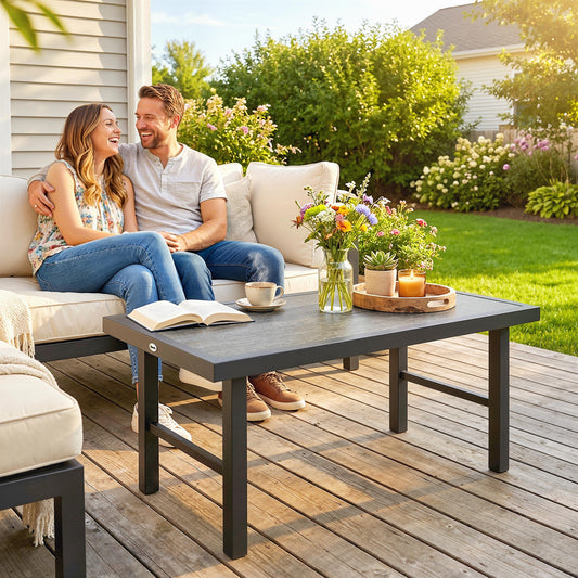 Tivoli Metal Garden Coffee Table, Outdoor Side Table with SPC Woodgrain Tabletop for Outside, 100 x 52 x 46cm
