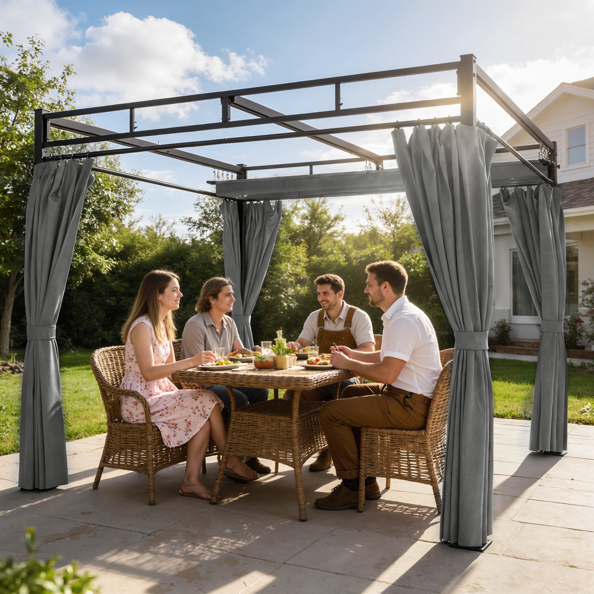 3 x 3 m Pergola with Retractable Roof Canopy and Curtains