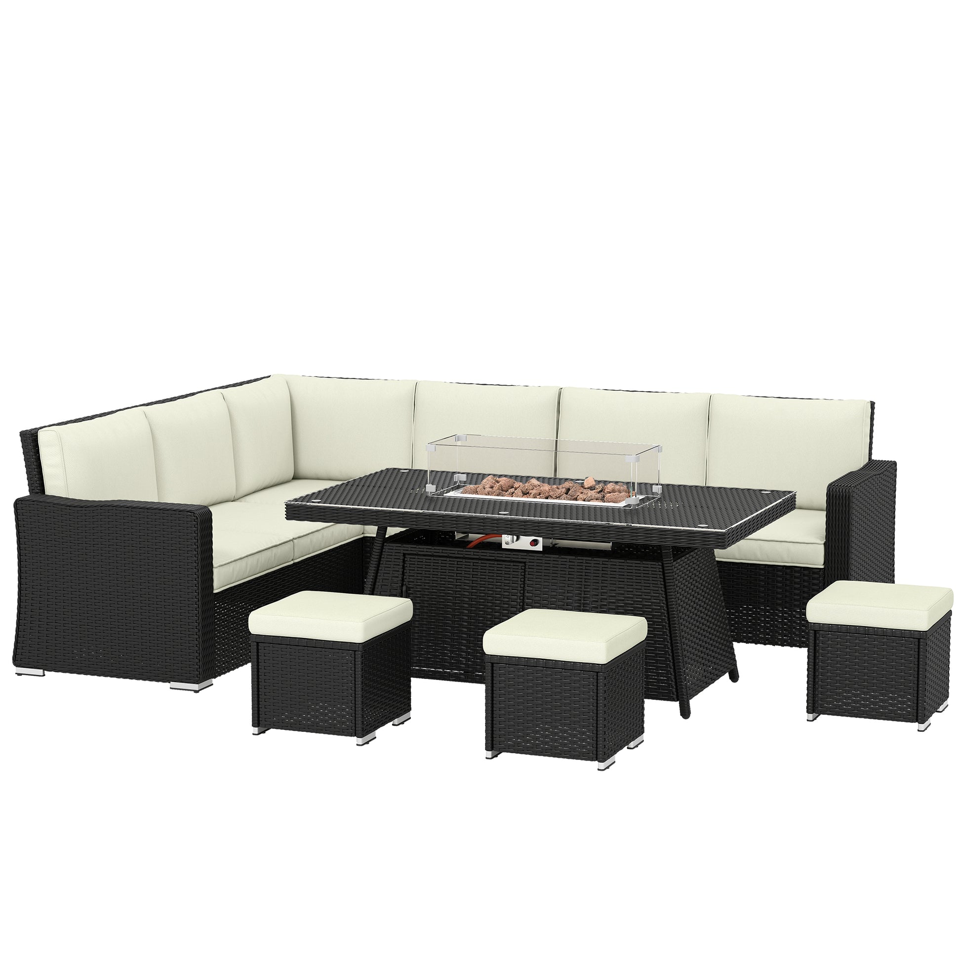 Outsunny 7 Pieces PE Rattan Garden Furniture Set, 50,000 BTU Gas Fire Pit Table, Black