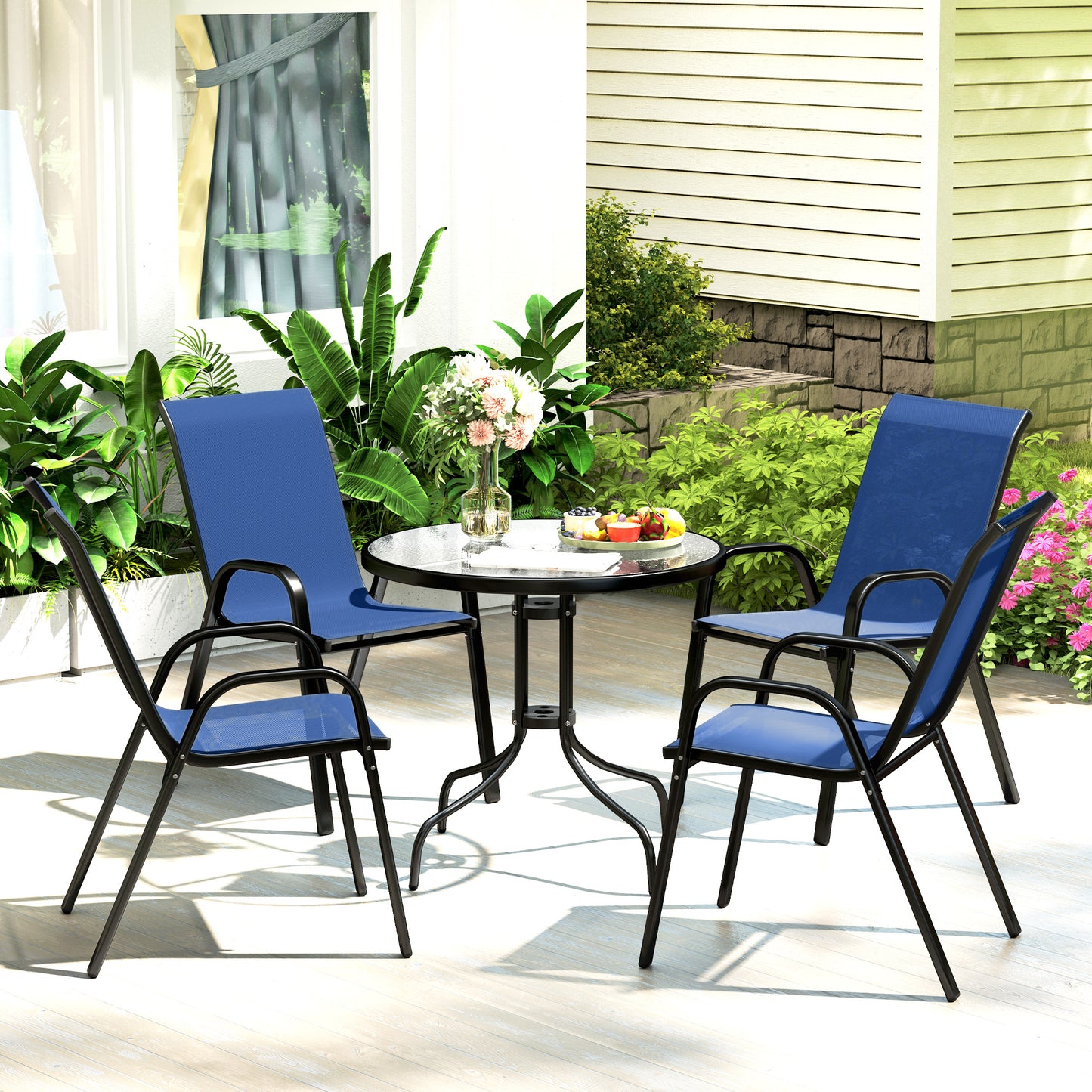 Santorini Five-Piece Steel Patio Set, with Glass-Top Table - Dark Blue