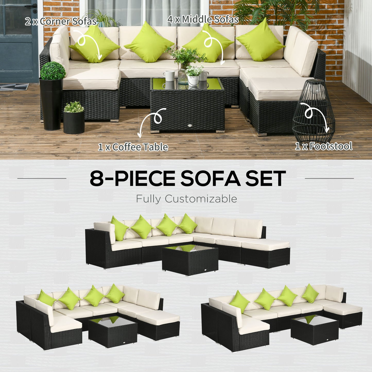 Outsunny 8 Pieces PE Rattan Corner Sofa Set, Patio Wicker Sofa Seater with Cushion, Washable Cushion Cover & Tempered Glass Table, Khaki