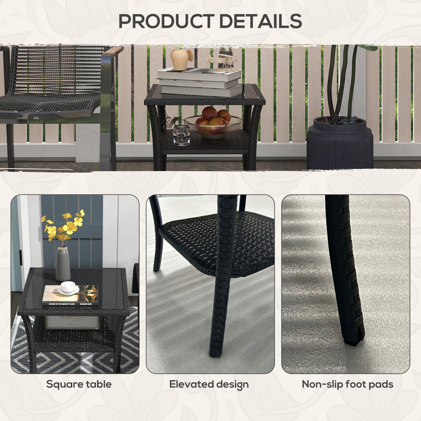 Outsunny Two-tier PE Rattan Square Coffee Table - Black