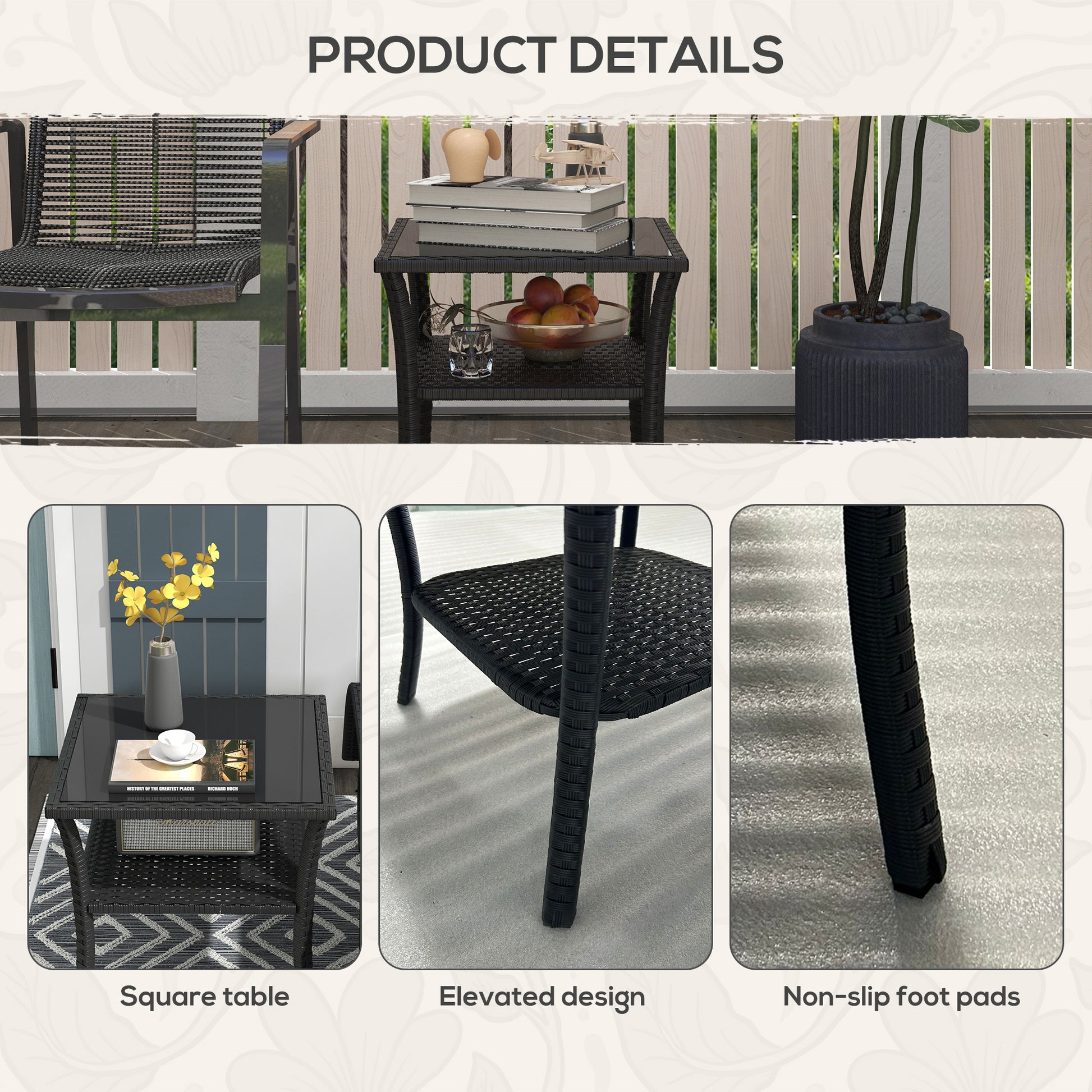 Outsunny Two-tier PE Rattan Square Coffee Table - Black