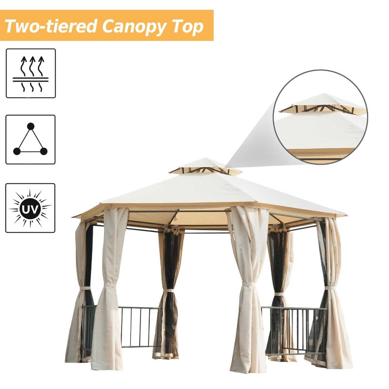 3m x 3m Beige Hexagonal Garden Gazebo with Curtains, Mesh Netting & Double-Tier Canopy