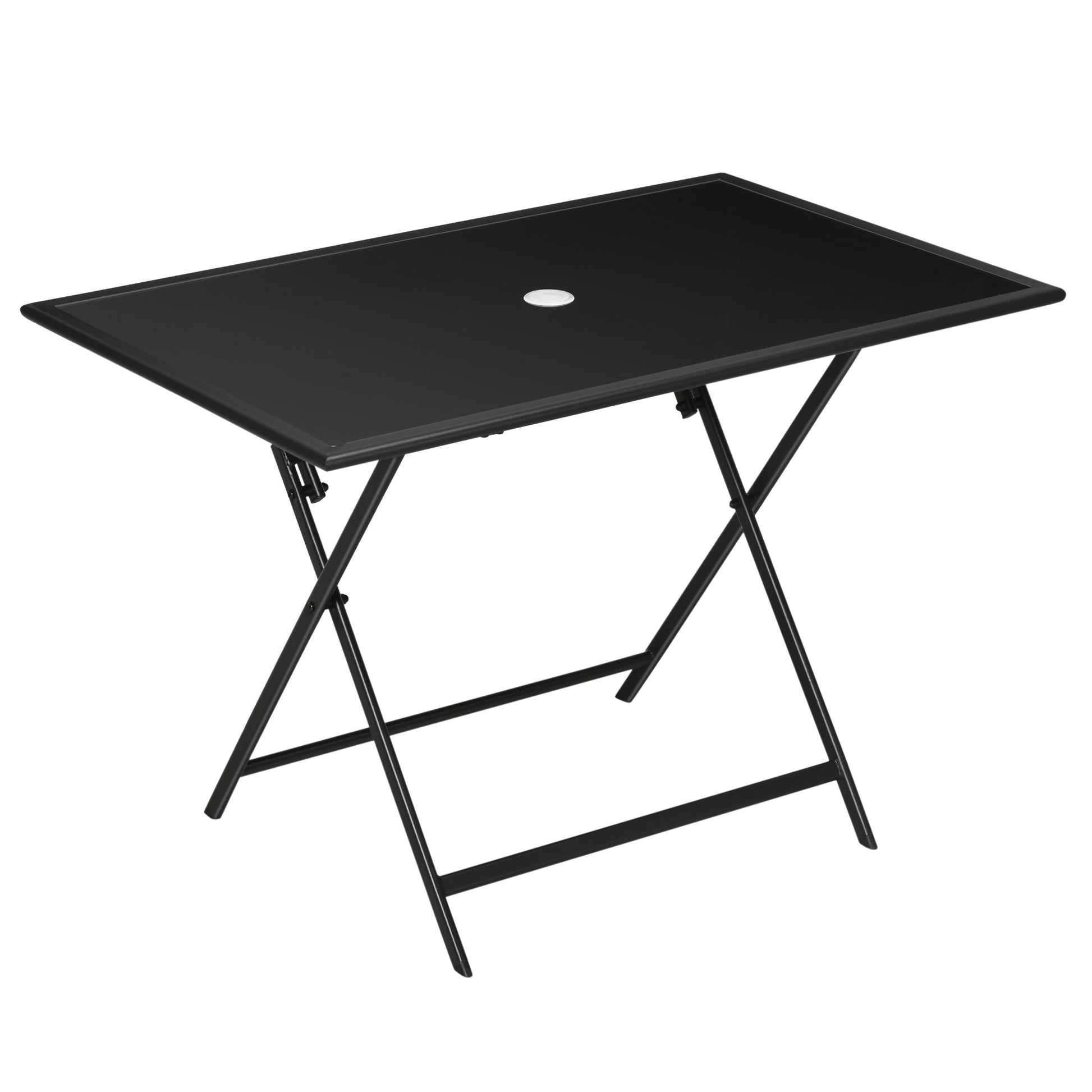 Outsunny Folding Outdoor Dining Table for 6, Rectangle Garden Table Tempered Glass Top with Parasol Hole for Patio, Balcony, Terrace, 110 x 70 x 70 cm, Black