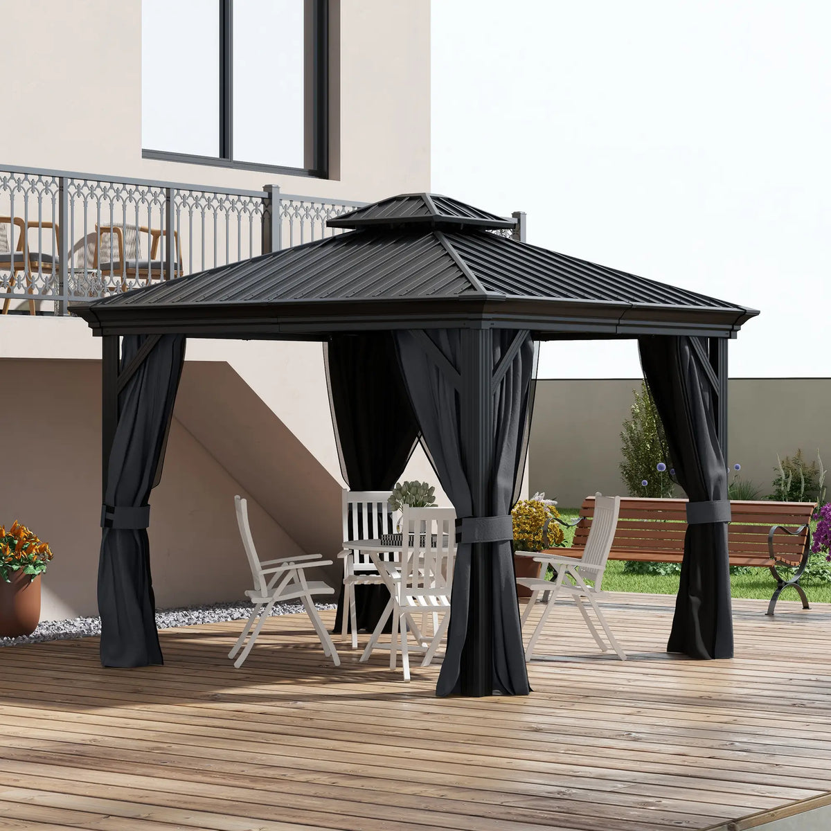 3.65m x 3m Dark Grey Aluminium Hardtop Garden Gazebo – Galvanised Steel Roof Pavilion with Double – Tier Ventilation, Curtains & Insect Netting