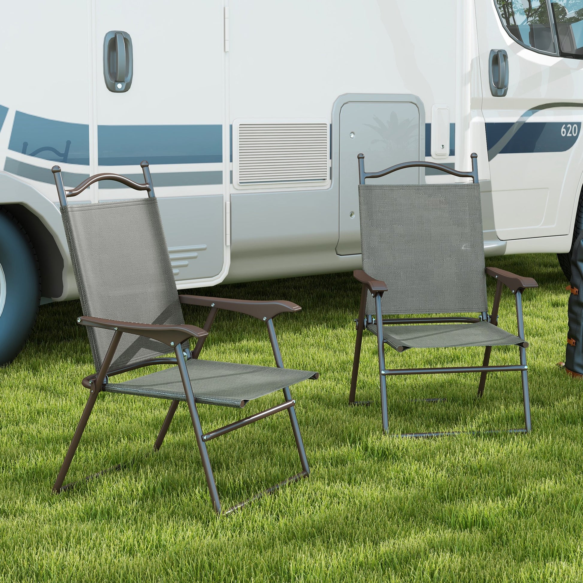 Set of Two Folding Garden Chairs, with Fabric Mesh Seats - Dark Grey