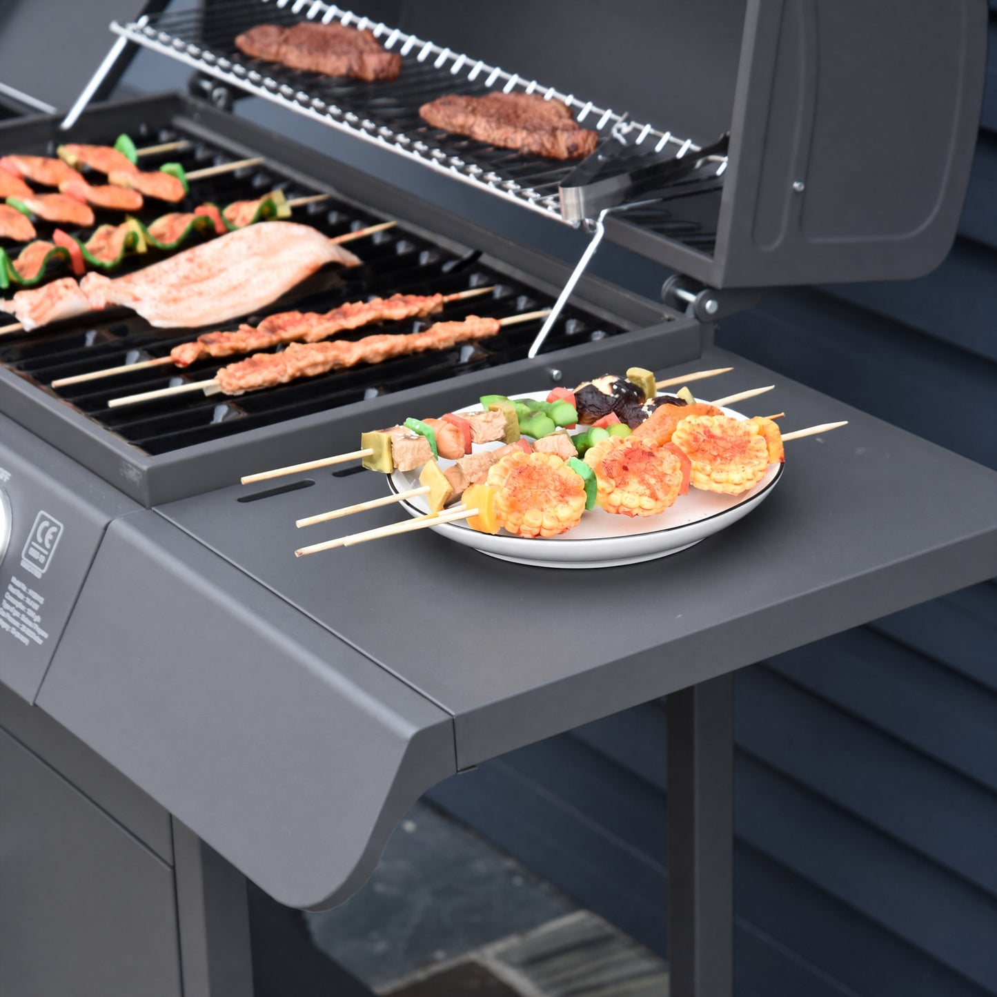 Outsunny 4+1 Burner Gas BBQ Grill, Outdoor Barbecue Trolley with Wheels, Warming Rack, Side Shelves, Cabinet, Thermometer for Garden, Party, Camping, 125L x 51W x 100Hcm, Grey