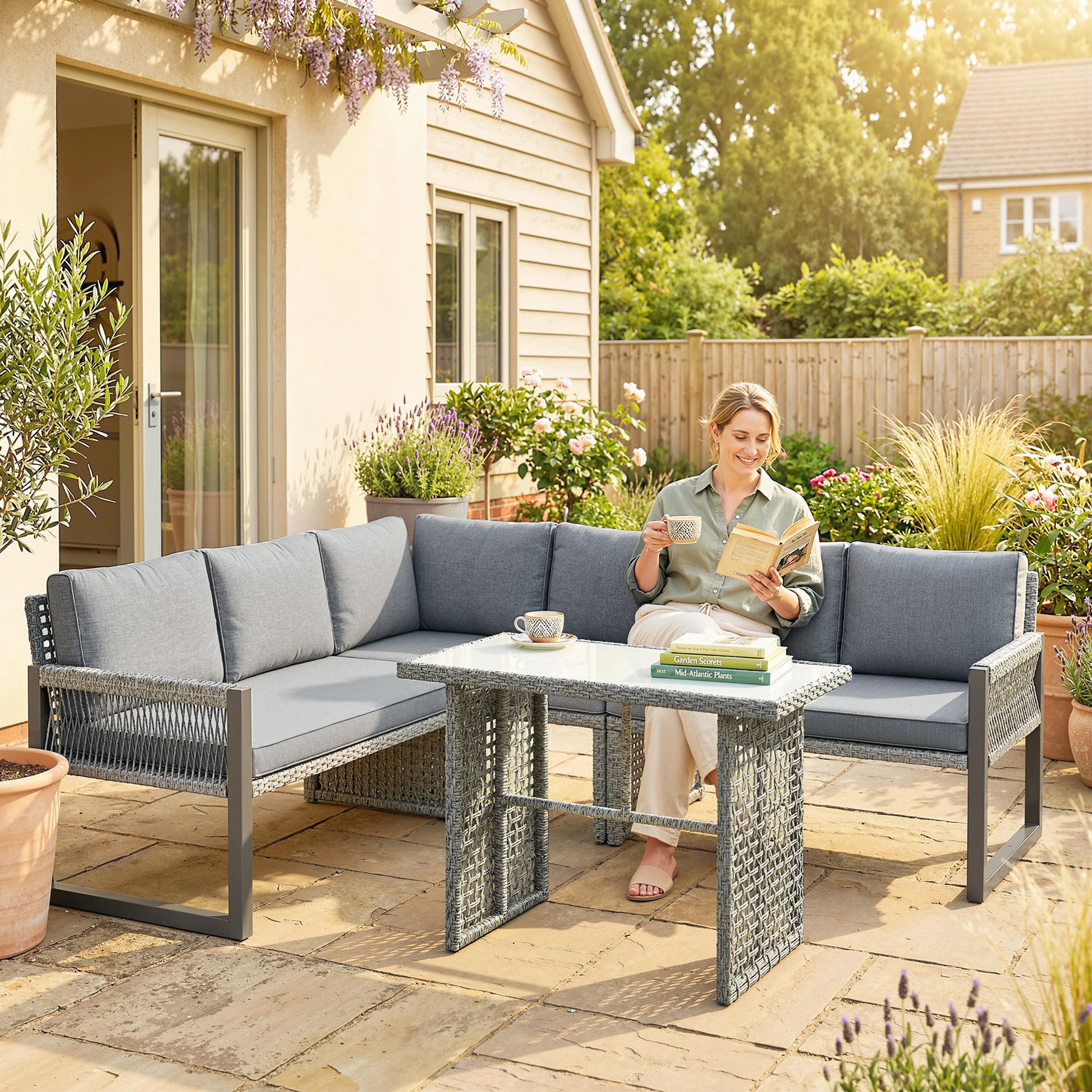 Marbella 6 Seater Rattan Garden Furniture Set with 3 Loveseats, Table, Patio Rattan Corner Sofa Set, Grey