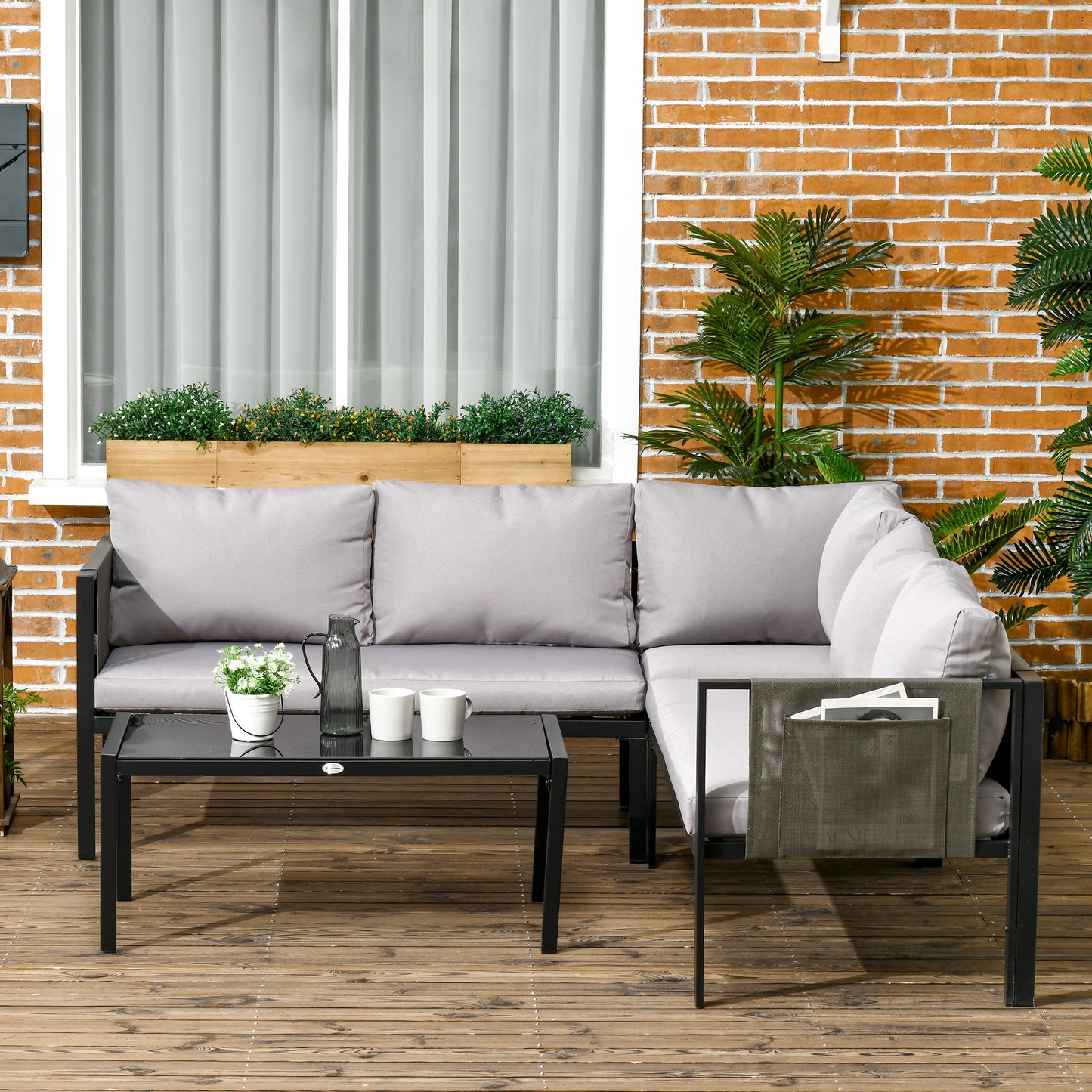 Capri 5 Seater Garden Corner Sofa Set, 4 Pieces Metal Garden Furniture Set with Loveseats, Glass Top Coffee Table