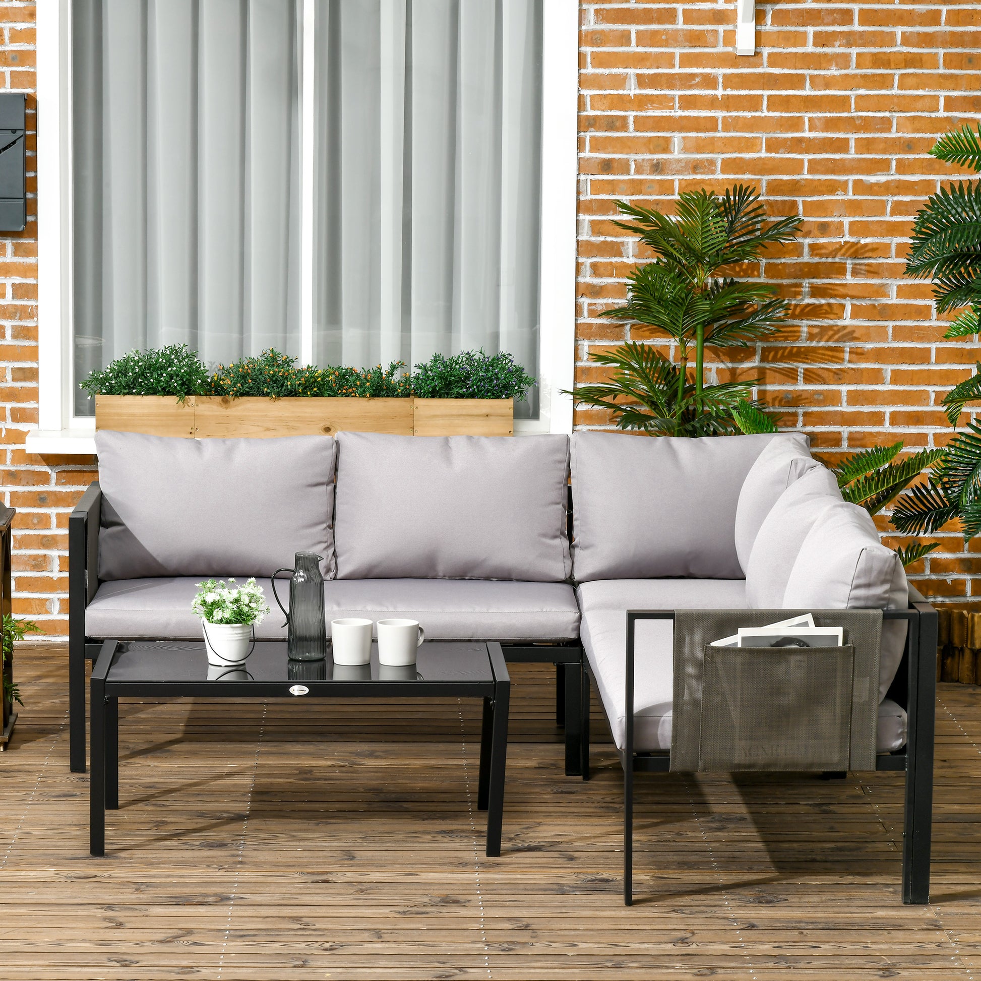 Capri 5 Seater Garden Corner Sofa Set, 4 Pieces Metal Garden Furniture Set with Loveseats, Glass Top Coffee Table