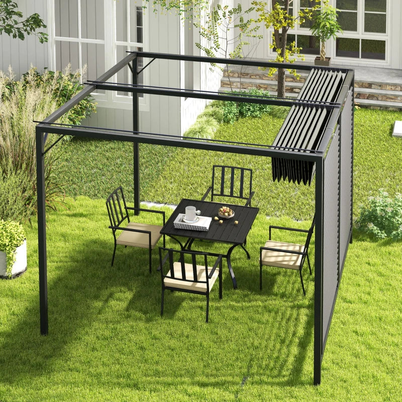 3m x 2.8m Metal Pergola – Grey Fabric Retractable Roof, Outdoor Patio Garden Shade Shelter