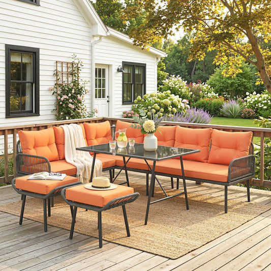 Santorini 6 Piece Rattan Garden Furniture Set, 8 Seater Garden Corner Sofa with Cushions and Glass Top Table