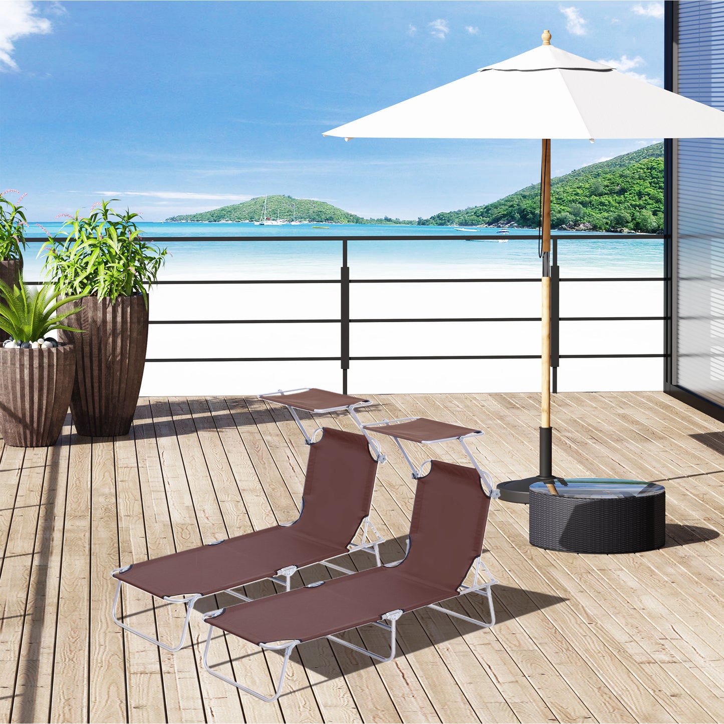 2 Pieces Outdoor Foldable Sun Lounger, 4 Level Adjustable Backrest Reclining Sun Lounger Chair with Angle Adjust Sun Shade Awning for Beach,