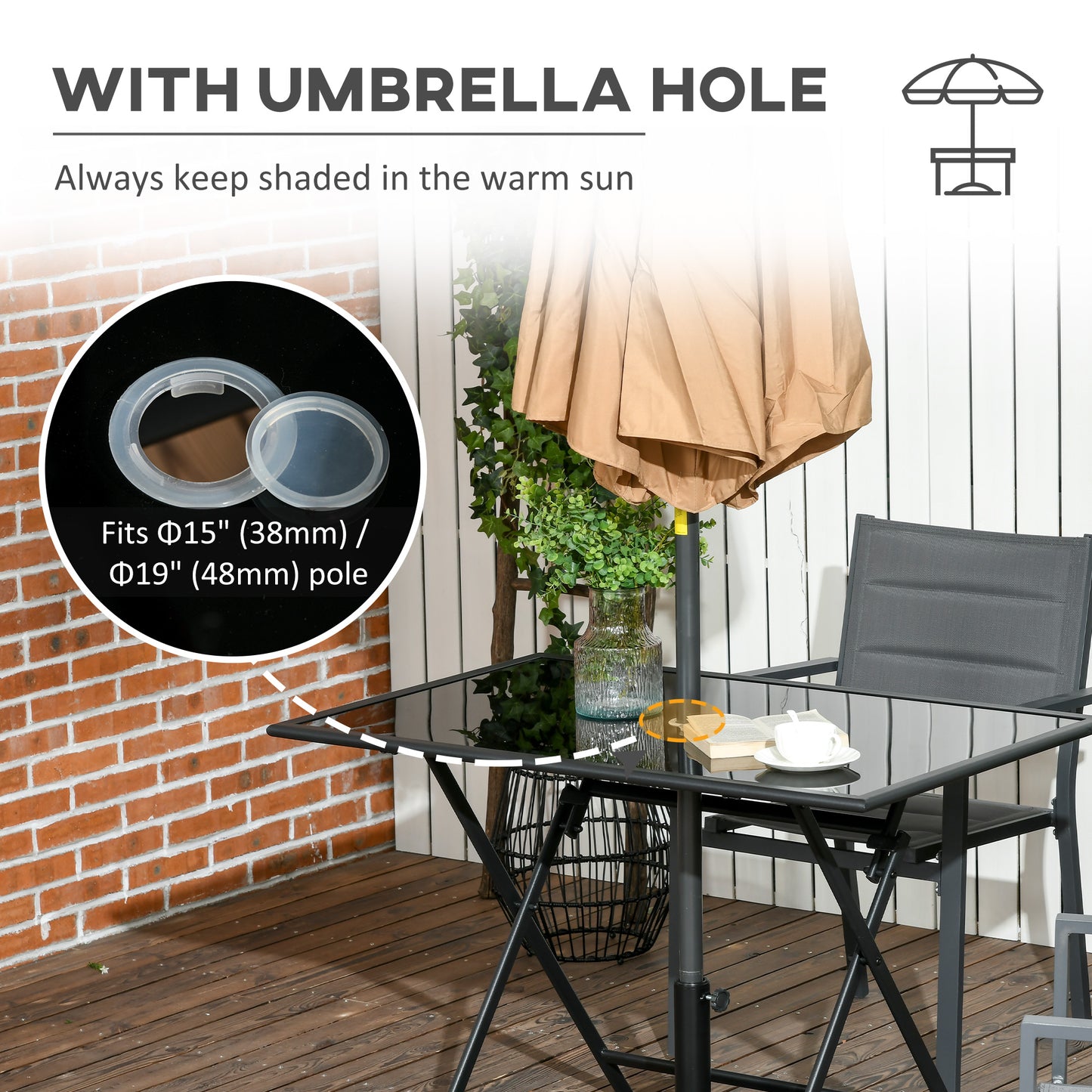 Outsunny Folding Outdoor Dining Table for 6, Rectangle Garden Table Tempered Glass Top with Parasol Hole for Patio, Balcony, Terrace, 110 x 70 x 70 cm, Black