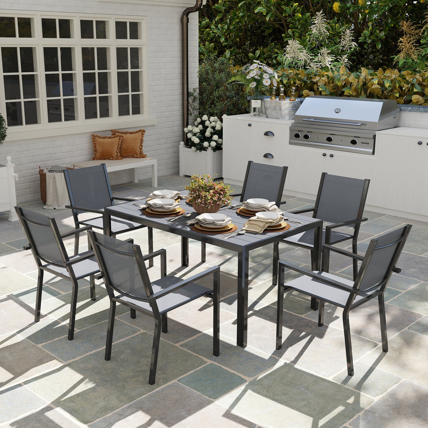 Riviera 7 Piece Garden Dining Set, Outdoor Furniture Set with 6 Stackable Chairs and 150 cm Rectangle Table