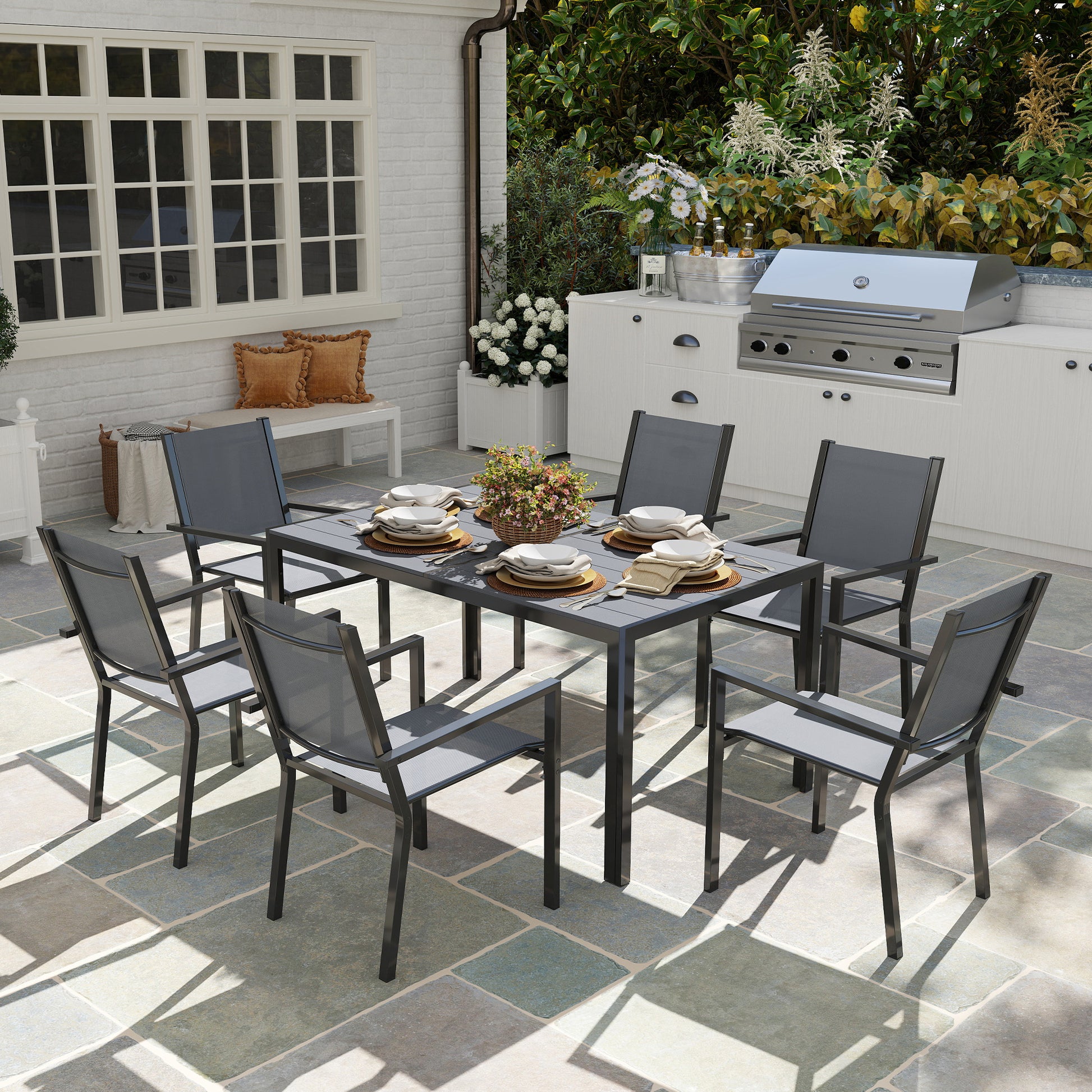 Riviera 7 Piece Garden Dining Set, Outdoor Furniture Set with 6 Stackable Chairs and 150 cm Rectangle Table