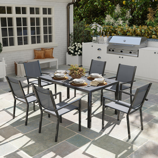 Riviera 7 Piece Garden Dining Set, Outdoor Furniture Set with 6 Stackable Chairs and 150 cm Rectangle Table