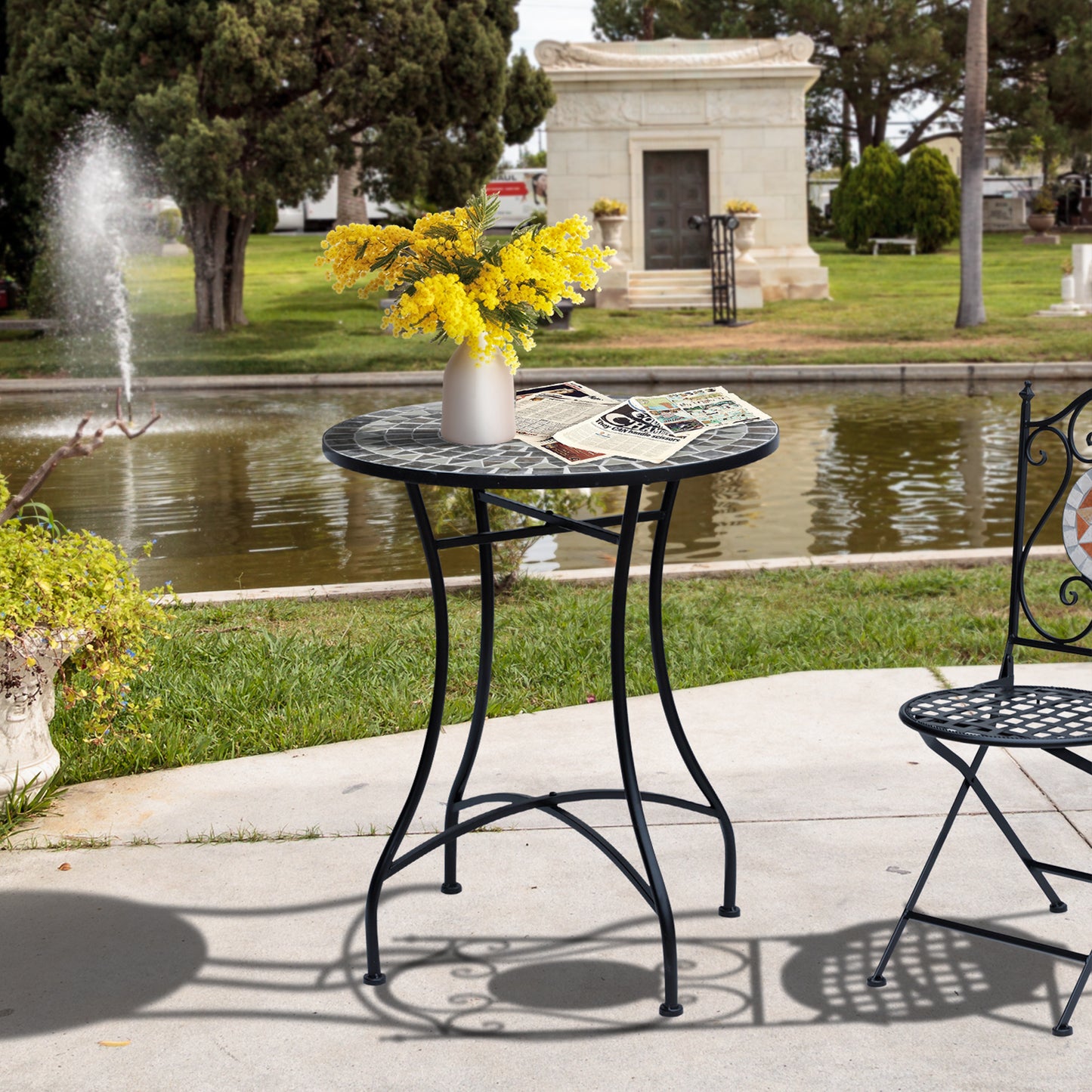 Monaco Round Mosaic Tabletop Garden Table - Grey/Black