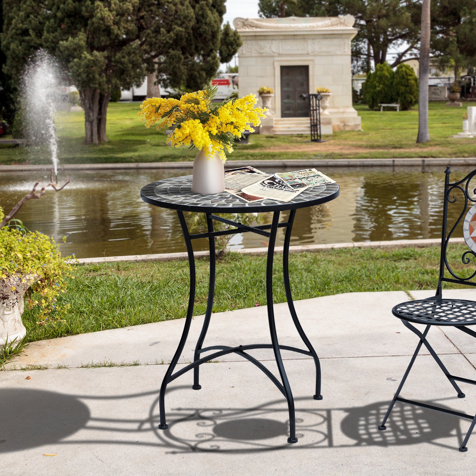 Monaco Round Mosaic Tabletop Garden Table - Grey/Black