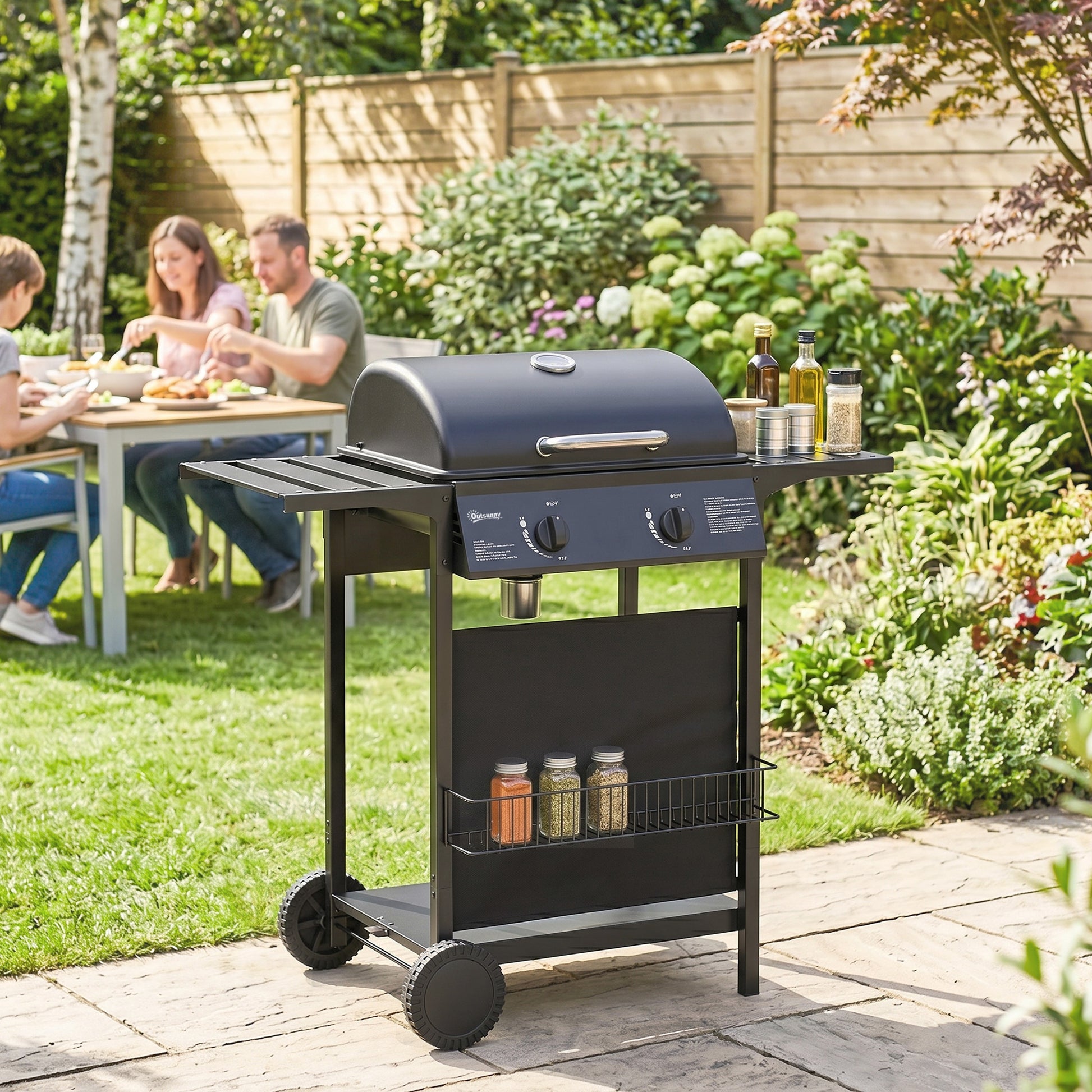 Outsunny Gas Burner Barbecue Grill, 2 Burner Gas Grill with Side Tables, Warming Rack, Shelf, Thermometer, Grease Tray, Black