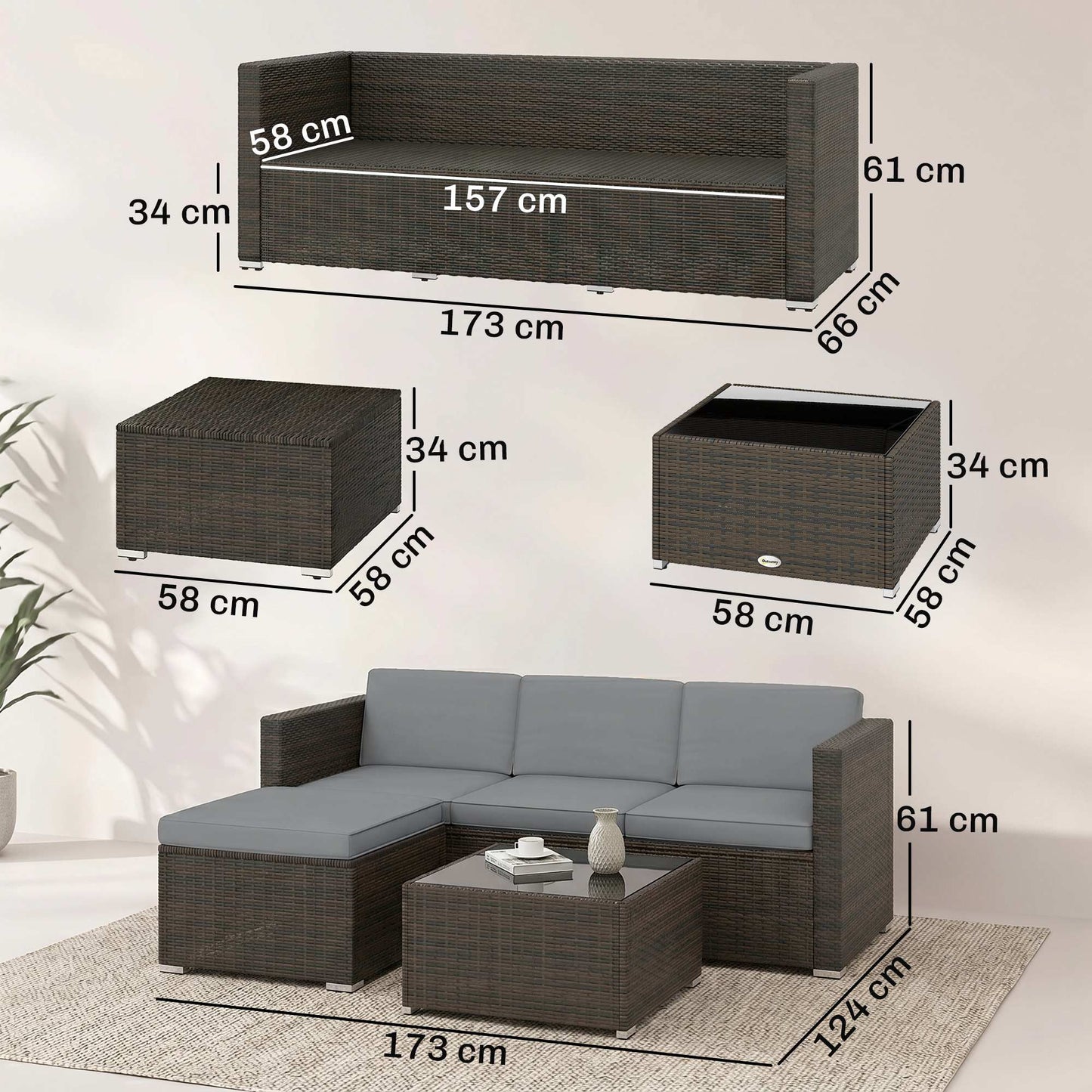 Outsunny 3 Pieces Garden Furniture Set w/ Cushions, PE Rattan Wicker Conversation Corner Sofa Set, Light Grey