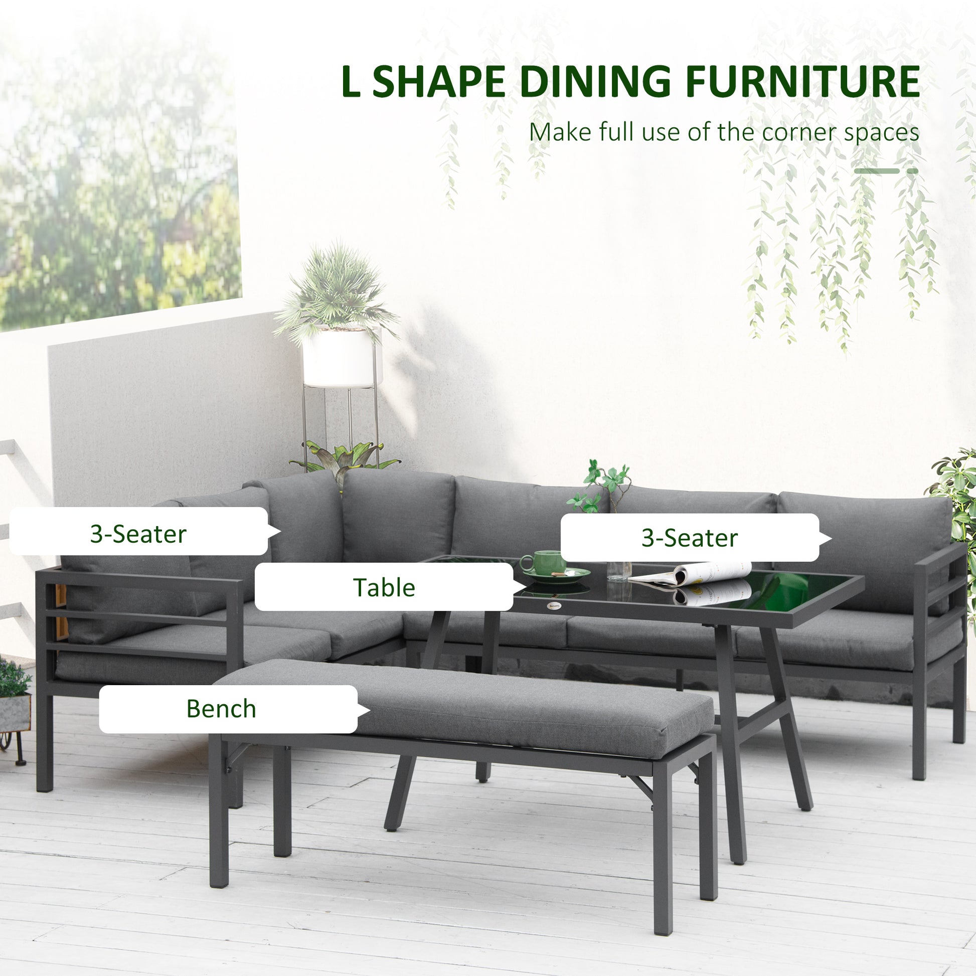 Outsunny 4 Piece L-shaped Garden Furniture Set 8-Seater Aluminium Outdoor Dining Set Conversation Sofa Set w/ Bench, Dining Table & Cushions, Grey