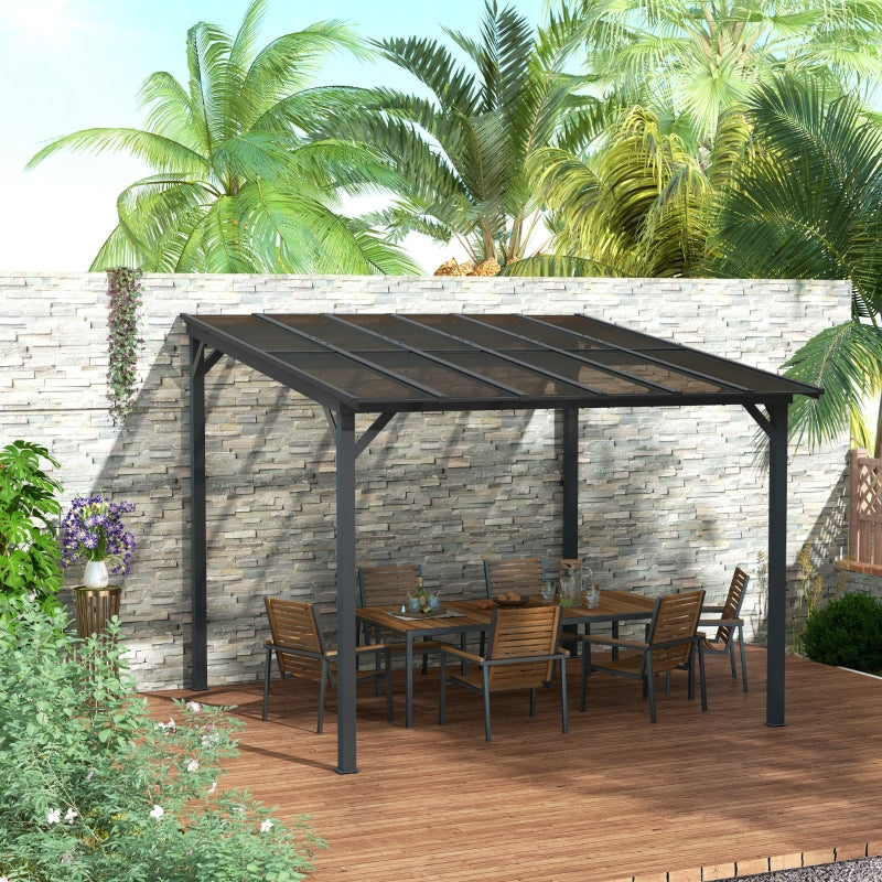 3m x 3m Metal Pergola – Dark Grey Waterproof Polycarbonate Roof UPF50+, Wall Mounted or Freestanding Garden Gazebo, Wind Resistant Sun Shelter