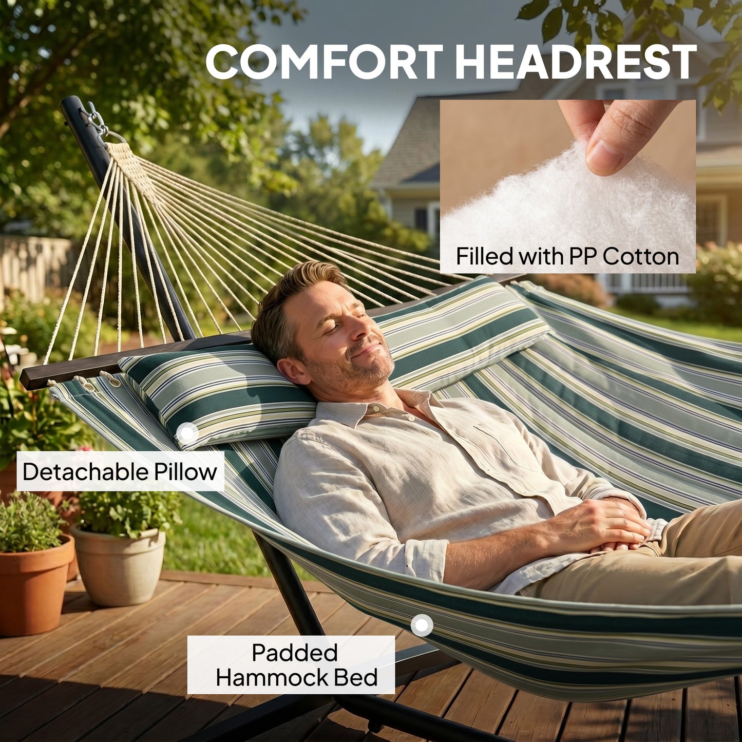 Outsunny Outdoor Hammock with Stand Detachable Pillow Striped Swing Steel Frame, for Garden, Patio, Green