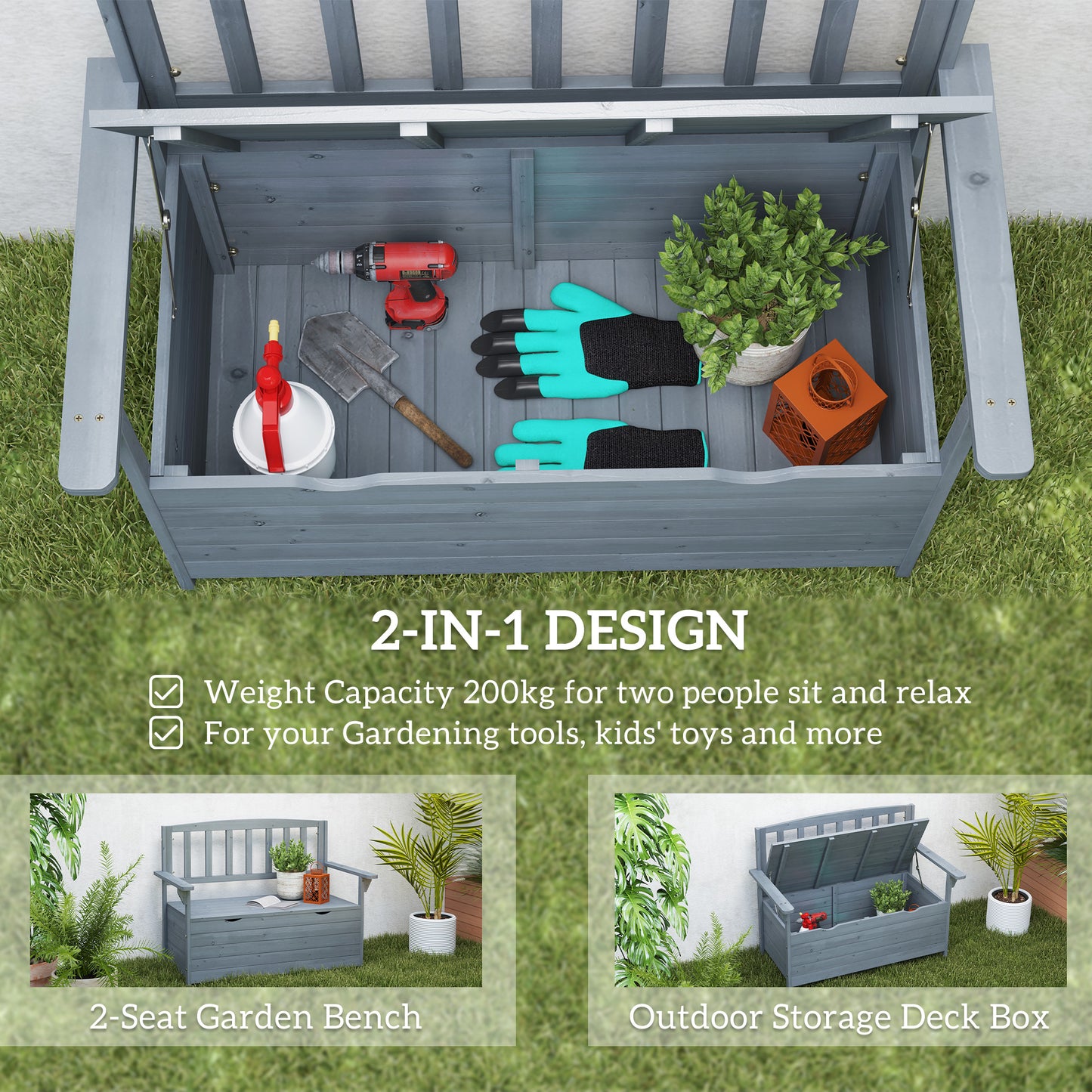 Outsunny Outdoor 2 Seater Garden Bench, Wooden Bench with Storage, Backrest, Arm Rests, 112 x 84 x 58 cm, Grey