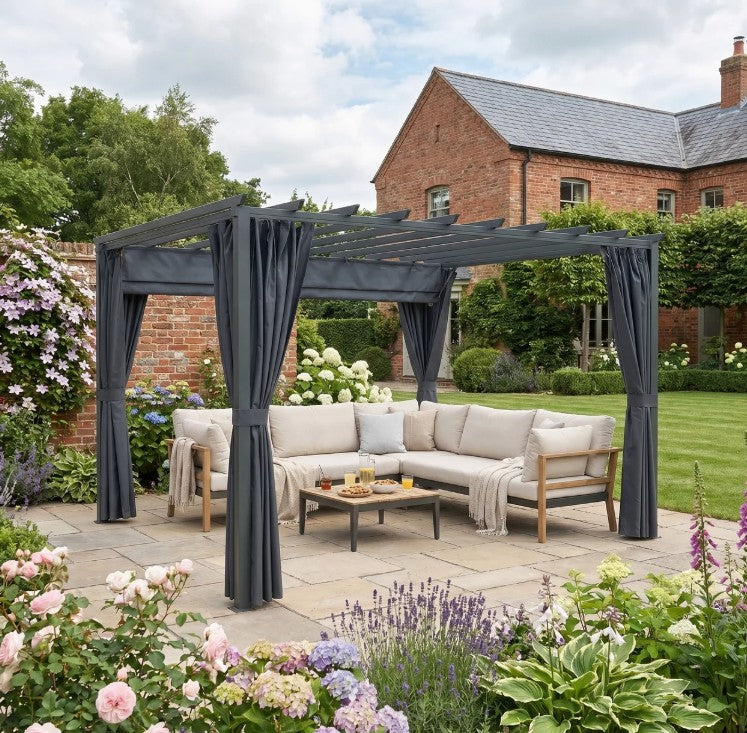 3.6x3m Aluminium Garden Pergola Gazebo with Retractable Roof Canopy & Curtains – Modern Outdoor Sun Shade Shelter, Weather-Resistant Patio Cover, Dark Grey