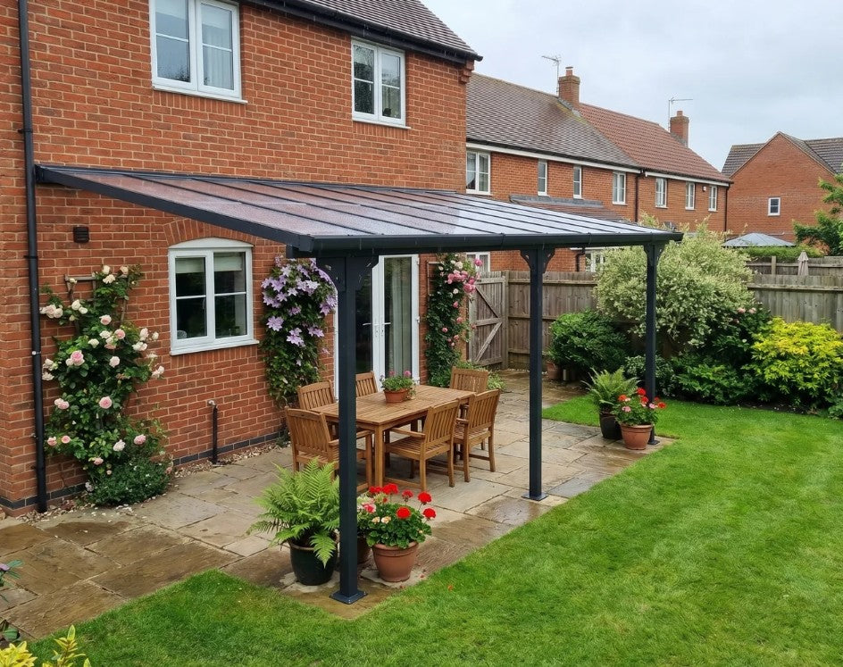 4.35m x 3m Wall Mounted Pergola - Aluminium Frame & Polycarbonate Roof – Grey Patio Cover