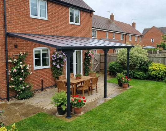 4.35m x 3m Wall Mounted Pergola - Aluminium Frame & Polycarbonate Roof – Grey Patio Cover
