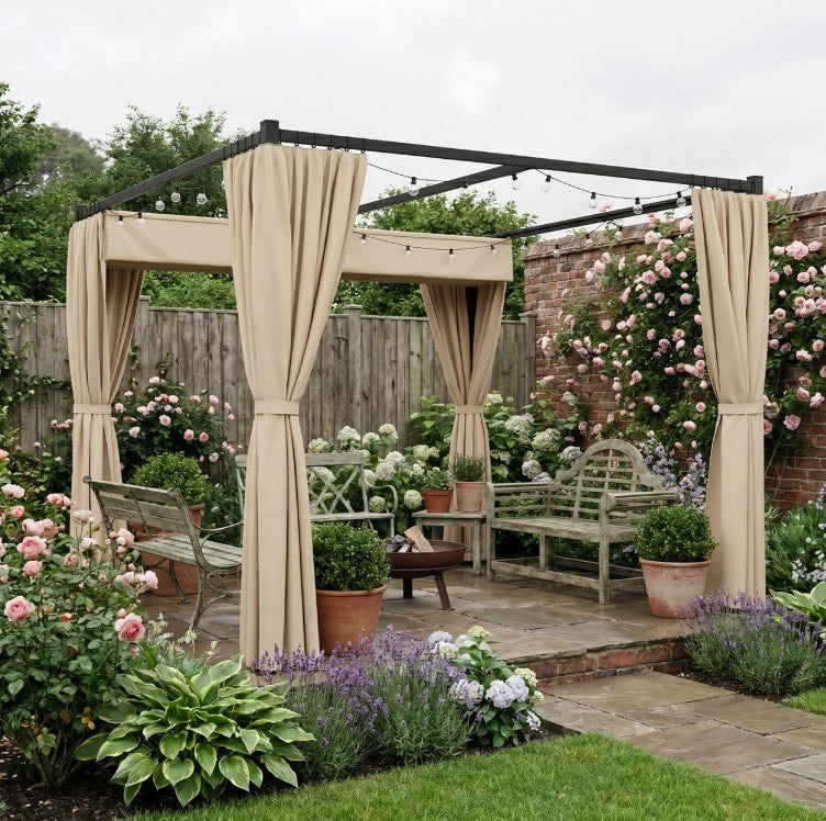 3m x 3m Retractable Metal Pergola with Curtains – Outdoor Patio & Deck Shelter, Adjustable Canopy Shade for BBQ & Grill Area, Beige