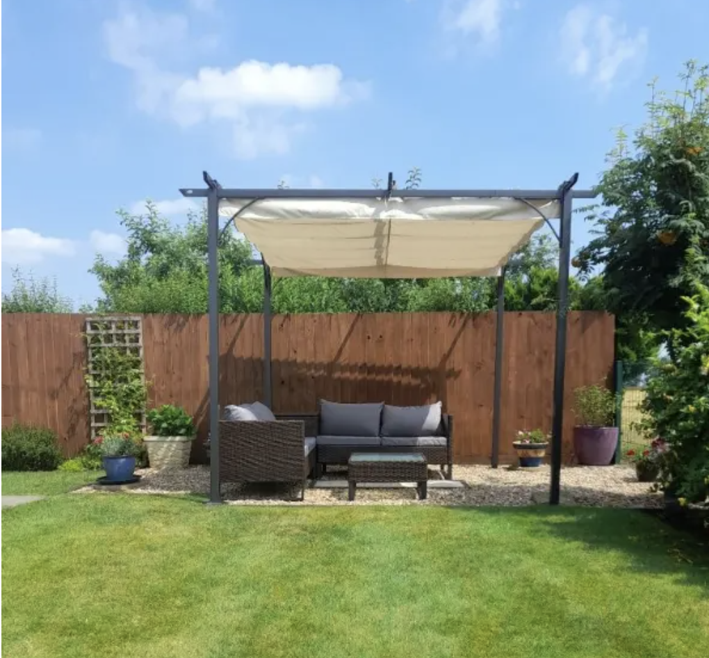 3m x 3m Steel Pergola with Beige Coloured Retractable Shade Canopy
