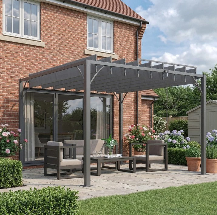 Grey 3m x 3m Aluminium Louvered Roof Pergola – Adjustable Hardtop Patio Canopy with UV50+ Sun Protection & Secure Anchoring Kit