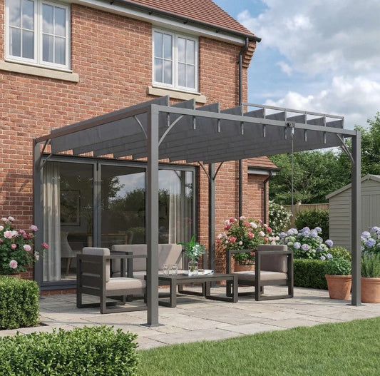 Grey 3m x 3m Aluminium Louvered Roof Pergola – Adjustable Hardtop Patio Canopy with UV50+ Sun Protection & Secure Anchoring Kit
