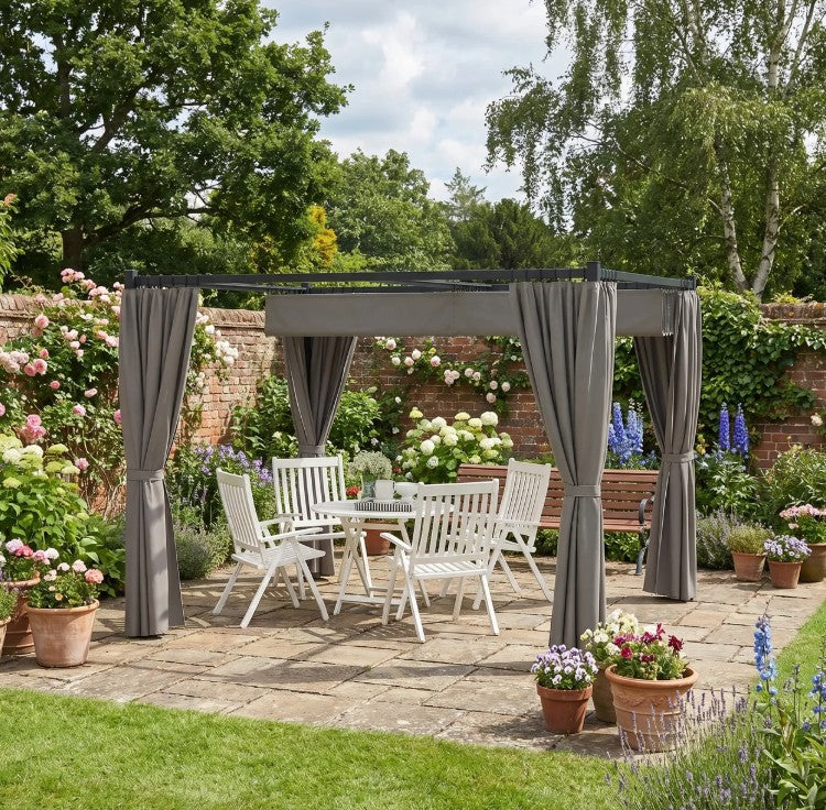 Light Grey 3m x 3m Retractable Roof Pergola Canopy – Outdoor Patio Shelter with Curtains, Metal Frame & Secure Fixing Kit