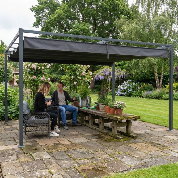 4m x 3m Metal Pergola – Black Retractable Canopy Roof, Outdoor Patio Garden Shade