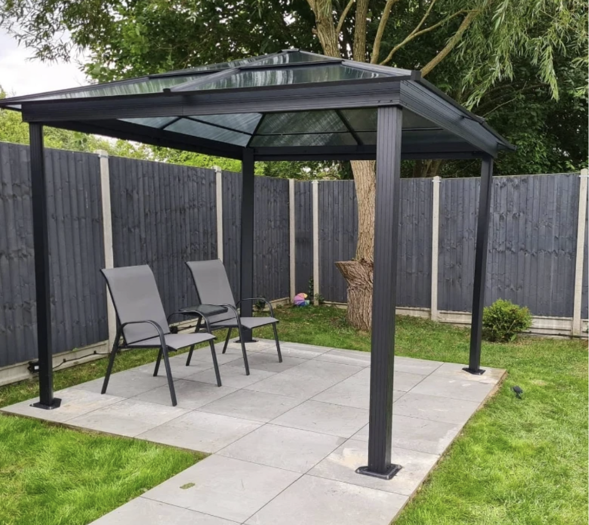 3m x 3m Premium Aluminium Hardtop Gazebo with Polycarbonate Roof, Privacy Curtains & Insect Netting – Dark Grey Garden Pavilion